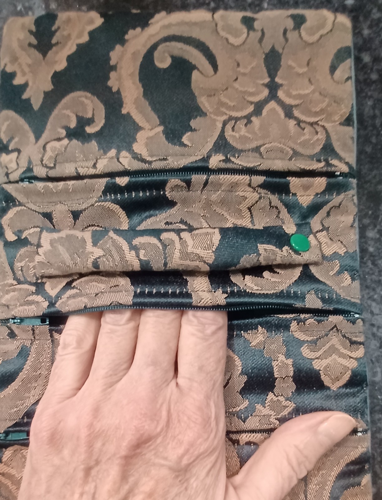 Vintage New Jewelry Roll, Travel Jewelry Roll Bag, Damask Green and Tan