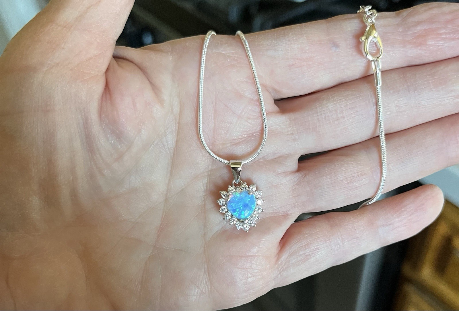 Sterling Silver Blue Lab Opal Heart Pendant Necklace 20”. Pendant Height:13 mm💙