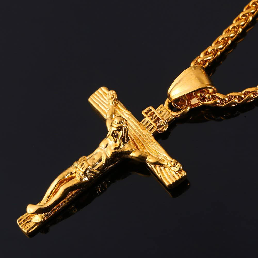 Cadena para Hombres Oro Chapado 18k Cz Cruz de Jesus Colgante Collar Figaro 22