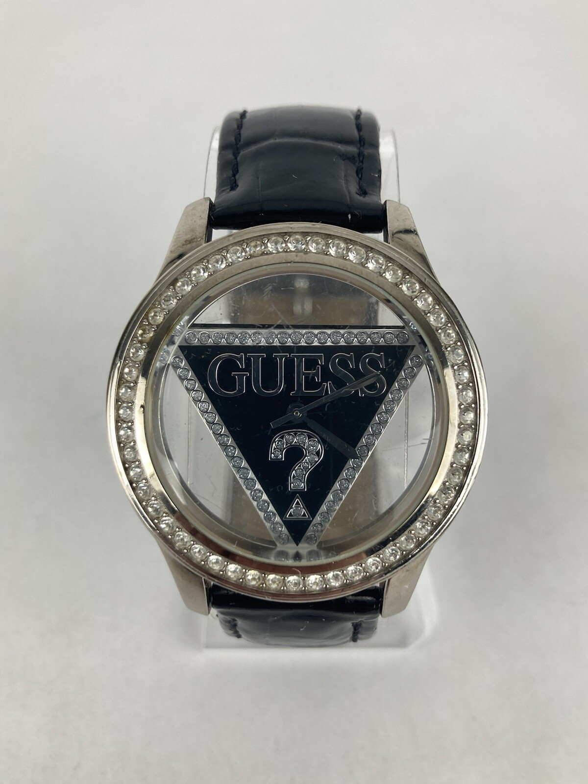 Guess 42mm Silver Semi-Transparent Case Quartz Watch w/Leather Band &New Battery