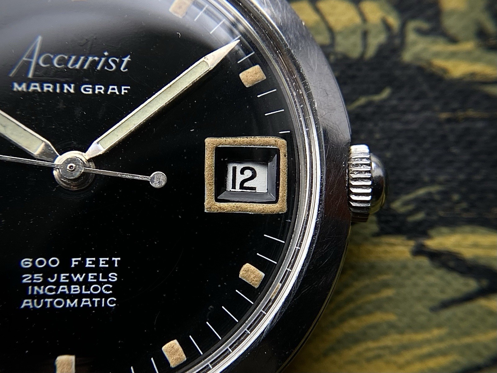 1960s Accurist Marin Graf 600 feet black dial Divers watch ETA 2452 date Tropic