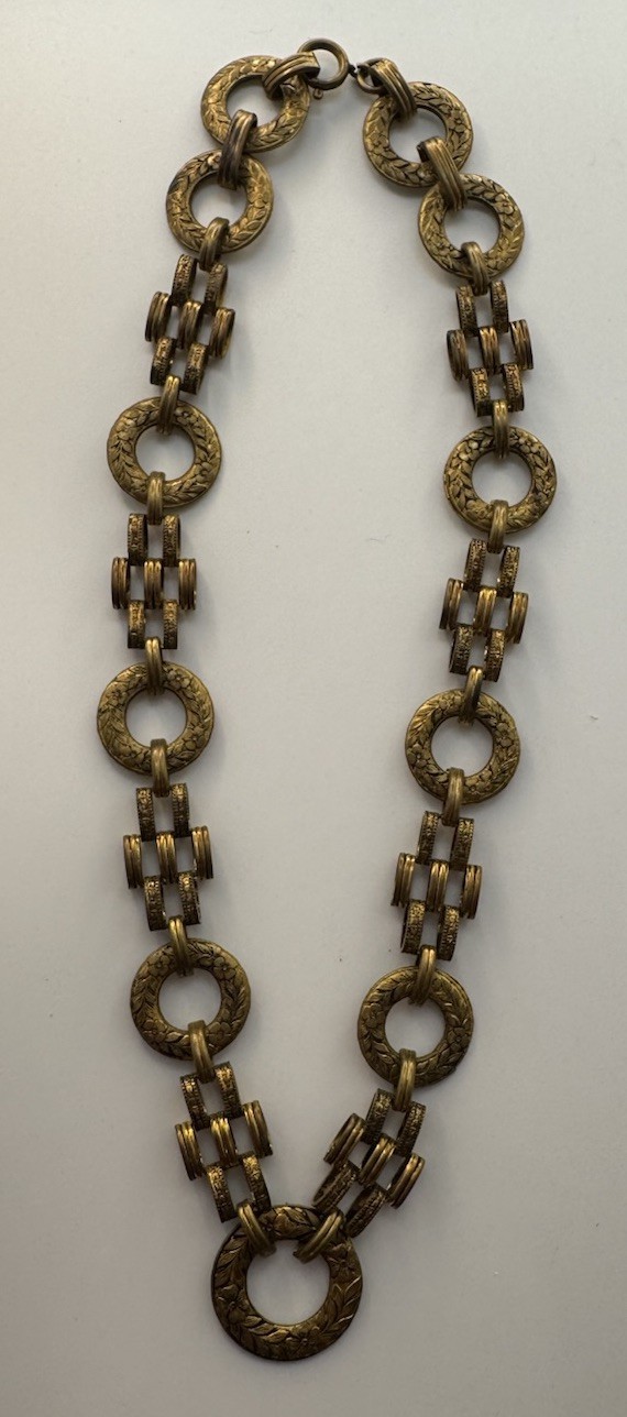 Vintage Neo Classic Chain Necklace, Art Deco Style, Brass, 16” Long