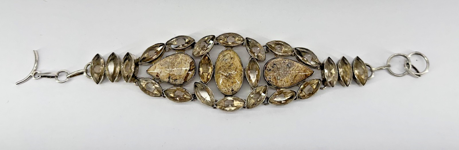 925 Sterling Silver 50g Dendritic Jasper & White Topaz Style Link Bracelet