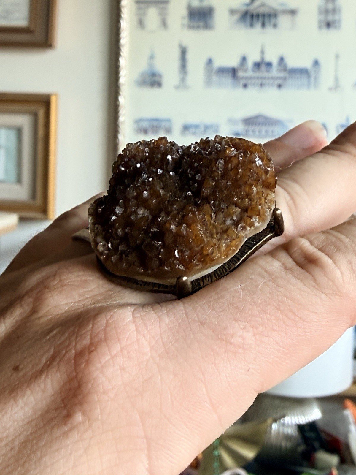 Statement 1.5″ Natural Brown Sparkling Druzy Quartz Geode Ring Brass Adjustable