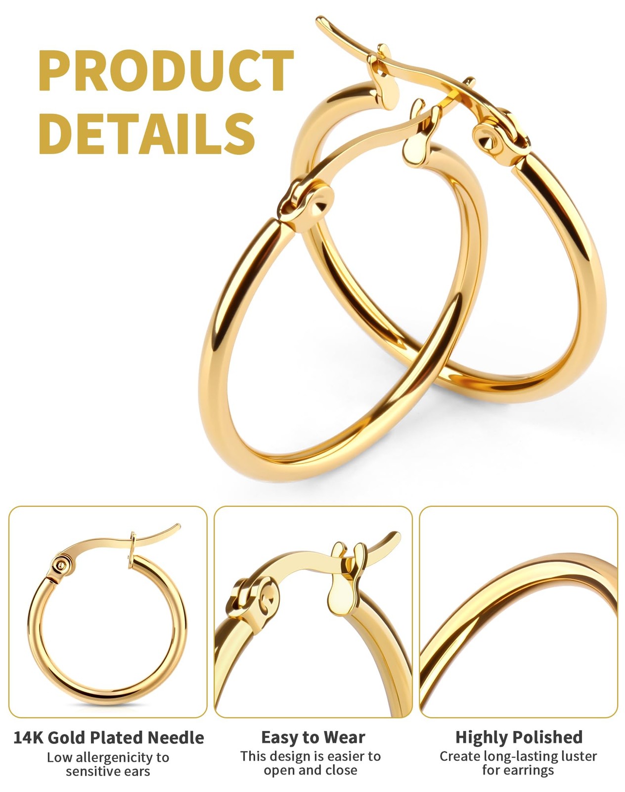 4 Pairs Gold Silver Hoop Earrings for 10mm, 12mm, 15mm, 20mm, – 4