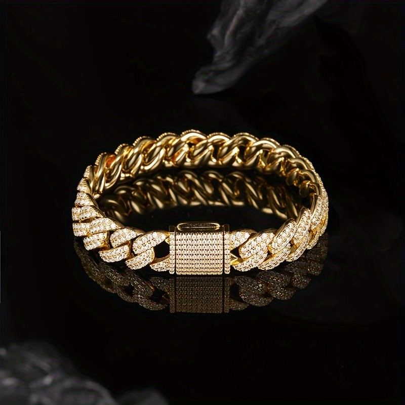 Golden Cuban Chain Bracelet S925 Silver Moissanite 7 7.5 8 8.5 Inch