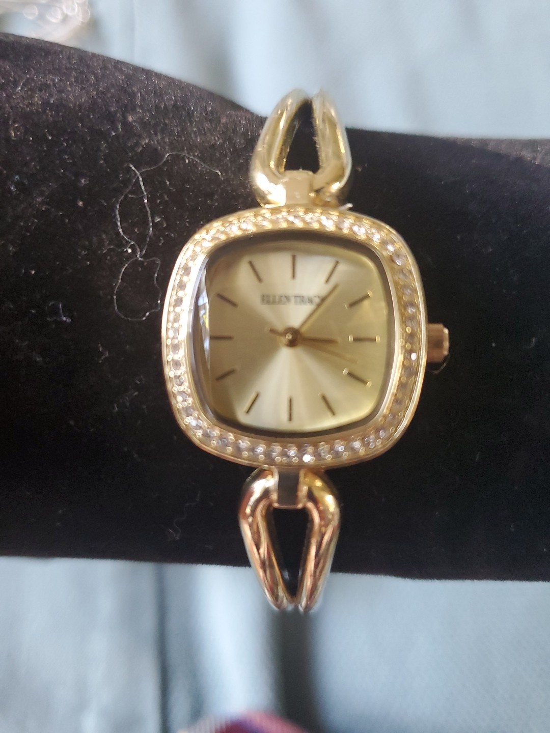 Ellen Tracy Watch Women 24mm Crystal Gold Tone Square HInged Bracelet 6.75″