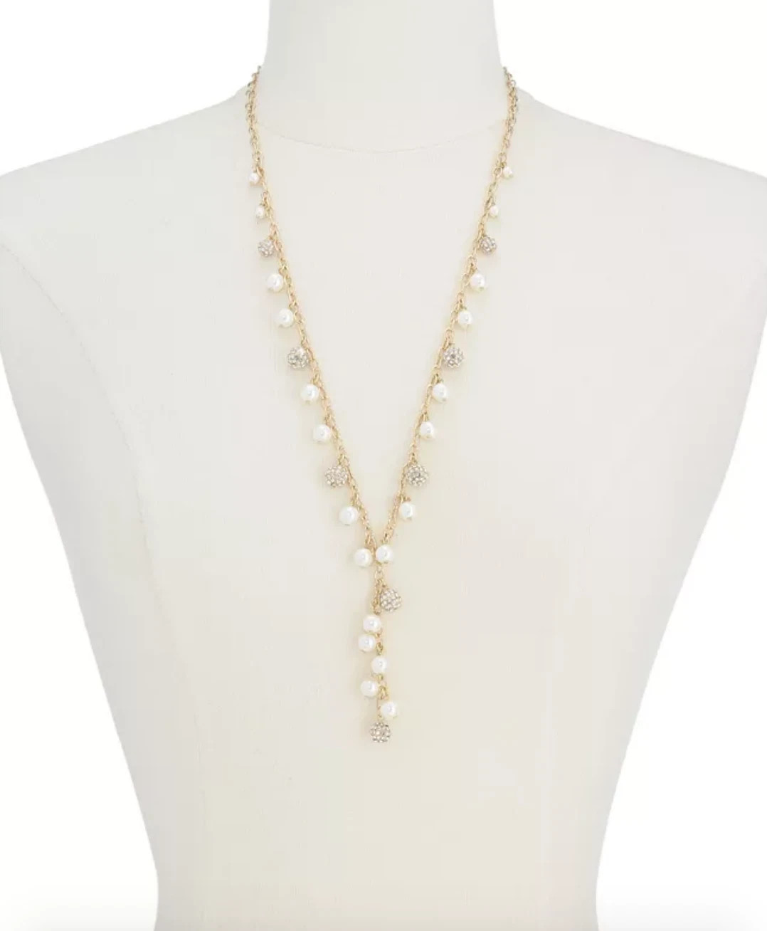 Charter Club W1261 Gold Tone Pave Bead & Imitation Pearl Lariat Necklace
