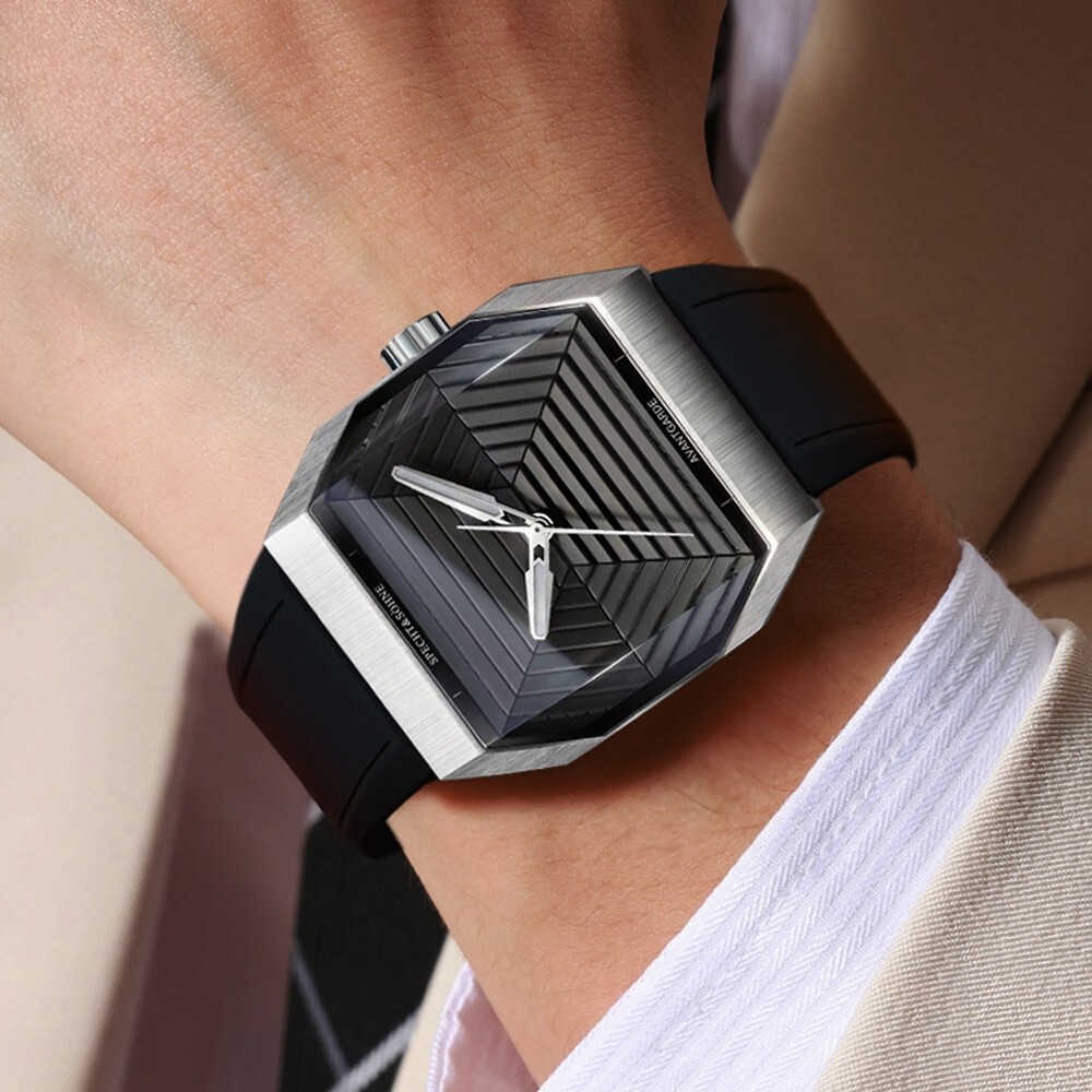 Men’s Quartz Octagon Watches Sapphire Glass Rubber Strap 50M Waterproof Luminous
