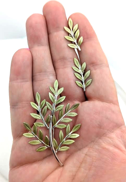 Vintage VAN DELL Brooch Set Sterling Silver Green Fern Screw Back Earrings
