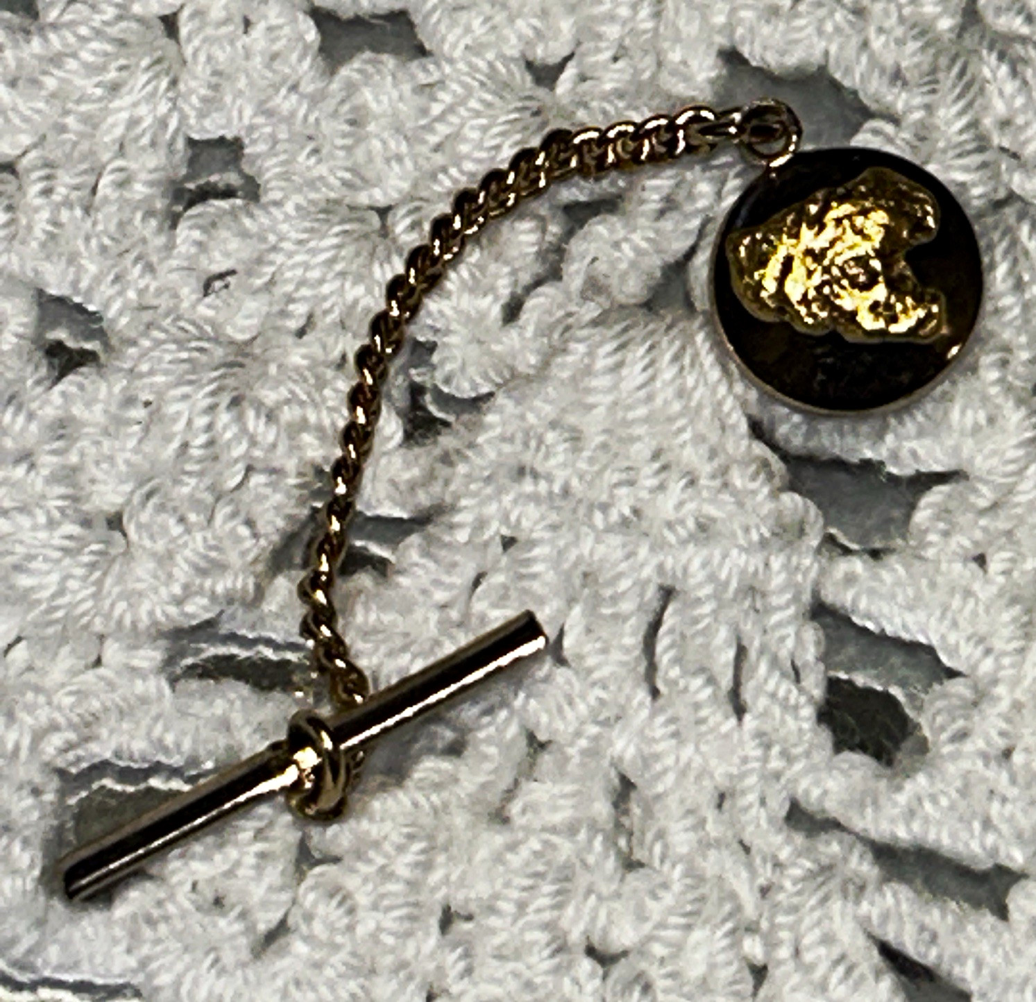Gold-Tone Nugget Tie Tack w/ Chain, T-Bar & Bar Back for Men