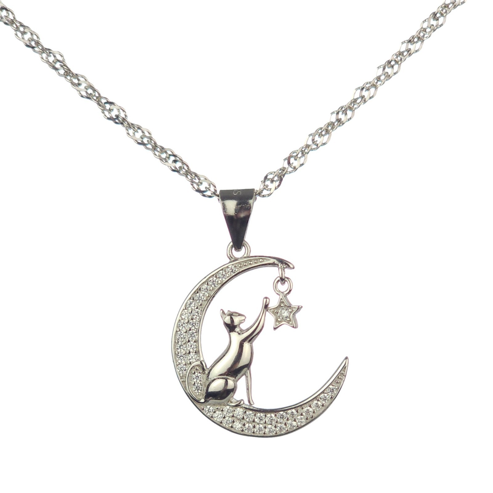 Solid 925 Silver Sparkly Crescent Moon Cat Pendant With 20″ Italy Chain, Pave