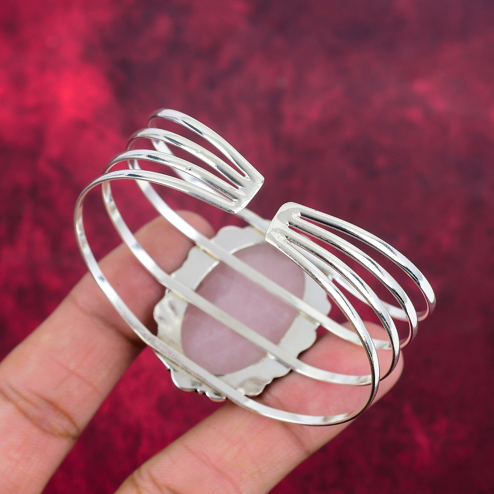 Rose Quartz Gemstone Handmade Bangle 925 Sterling Silver Adjustable Jewelry
