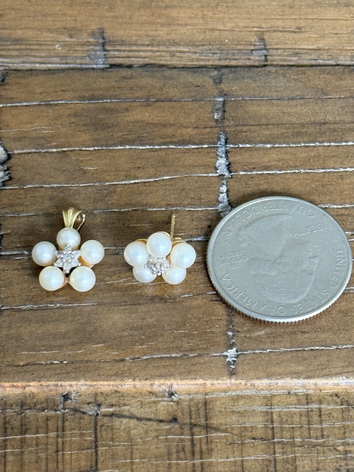 14k Yellow Gold Pearl Diamond Flower One Stud Earring One Pendant Simon’s 2 Gram