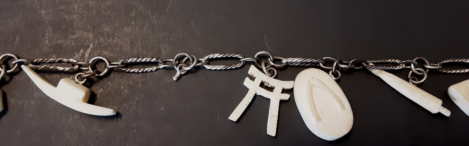 Vtg Carved Iconic Japanese Asian Charm Bracelet Tori Gate, Boat, Good Luck