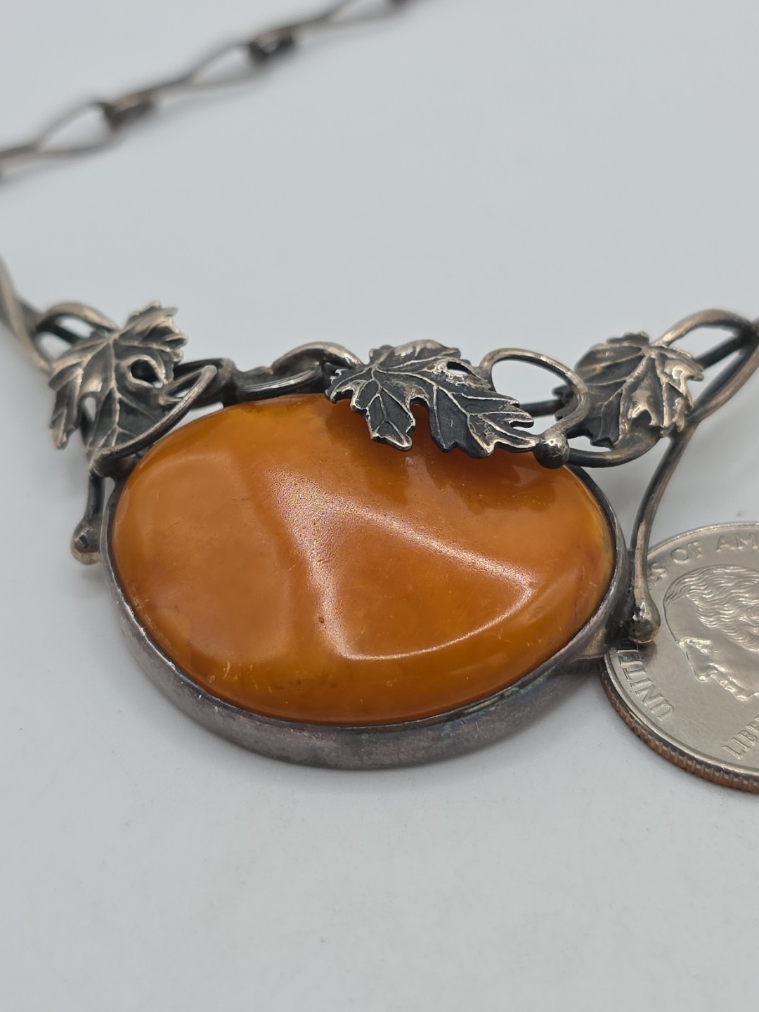 Vintage Sterling Silver 925 Orange Egg Yolk Amber Necklace 18″ 32g