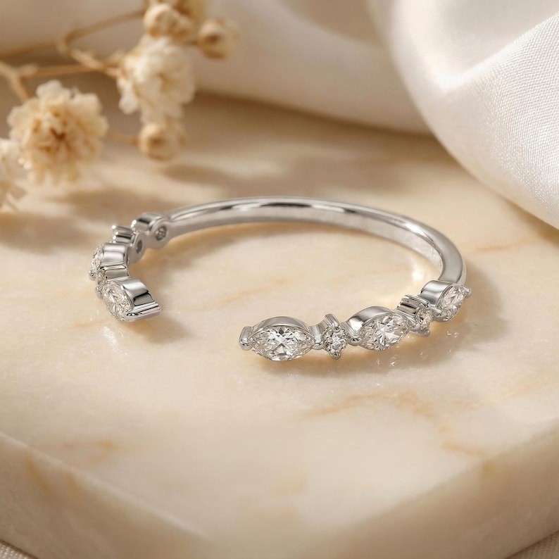 Marquise & Round Cut Moissanite 14K Gold Open Cuff Wedding Band, Gift For Her