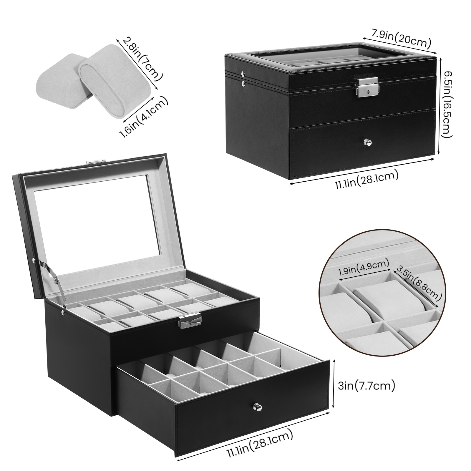 20 Slots Watch Box PU Leather Watch Case Lockable Jewelry Storage Display Case