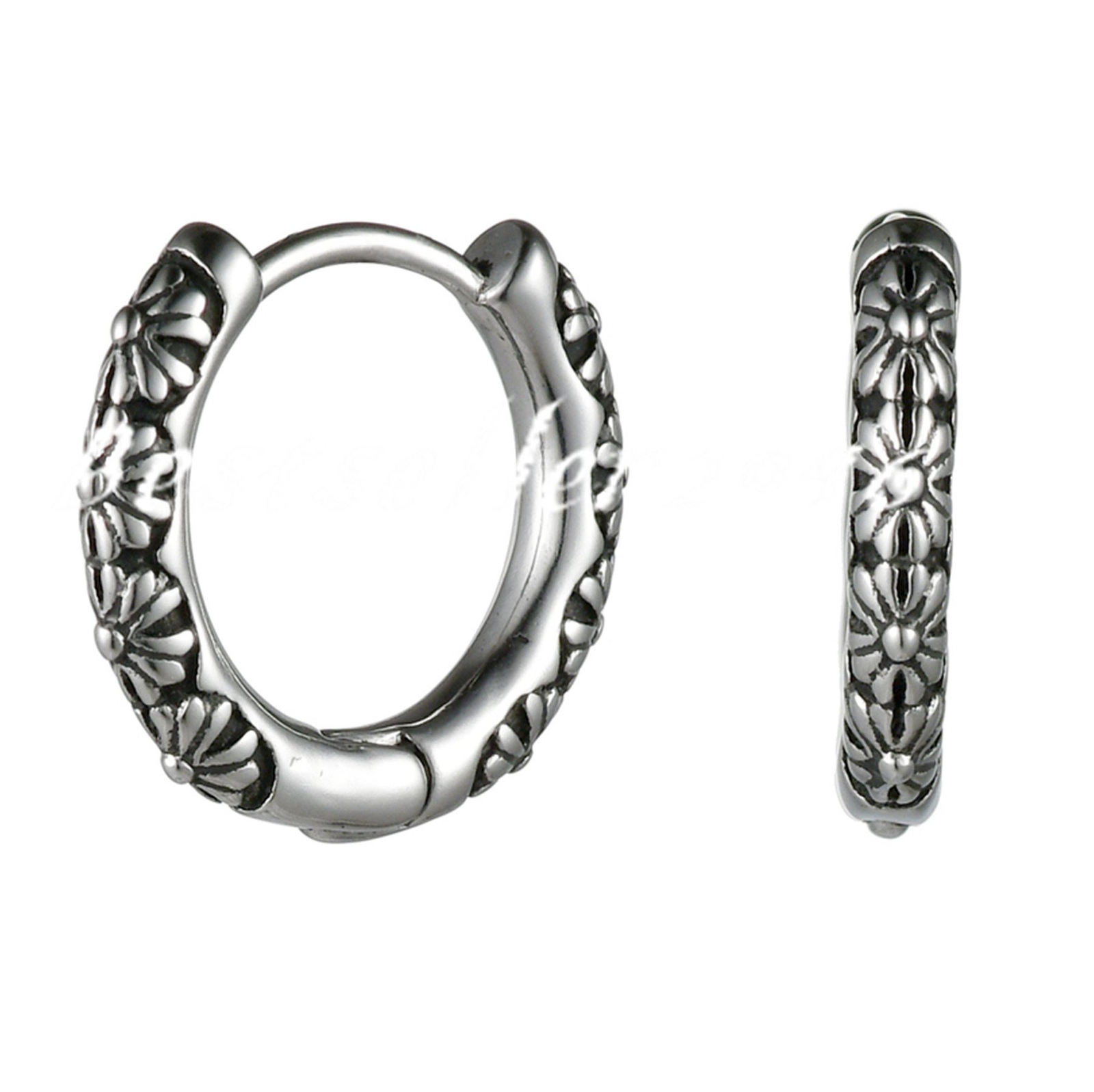 2pcs Mens Womens Punk Stainless Steel Retro Floral Endless Hoop Huggie Earrings