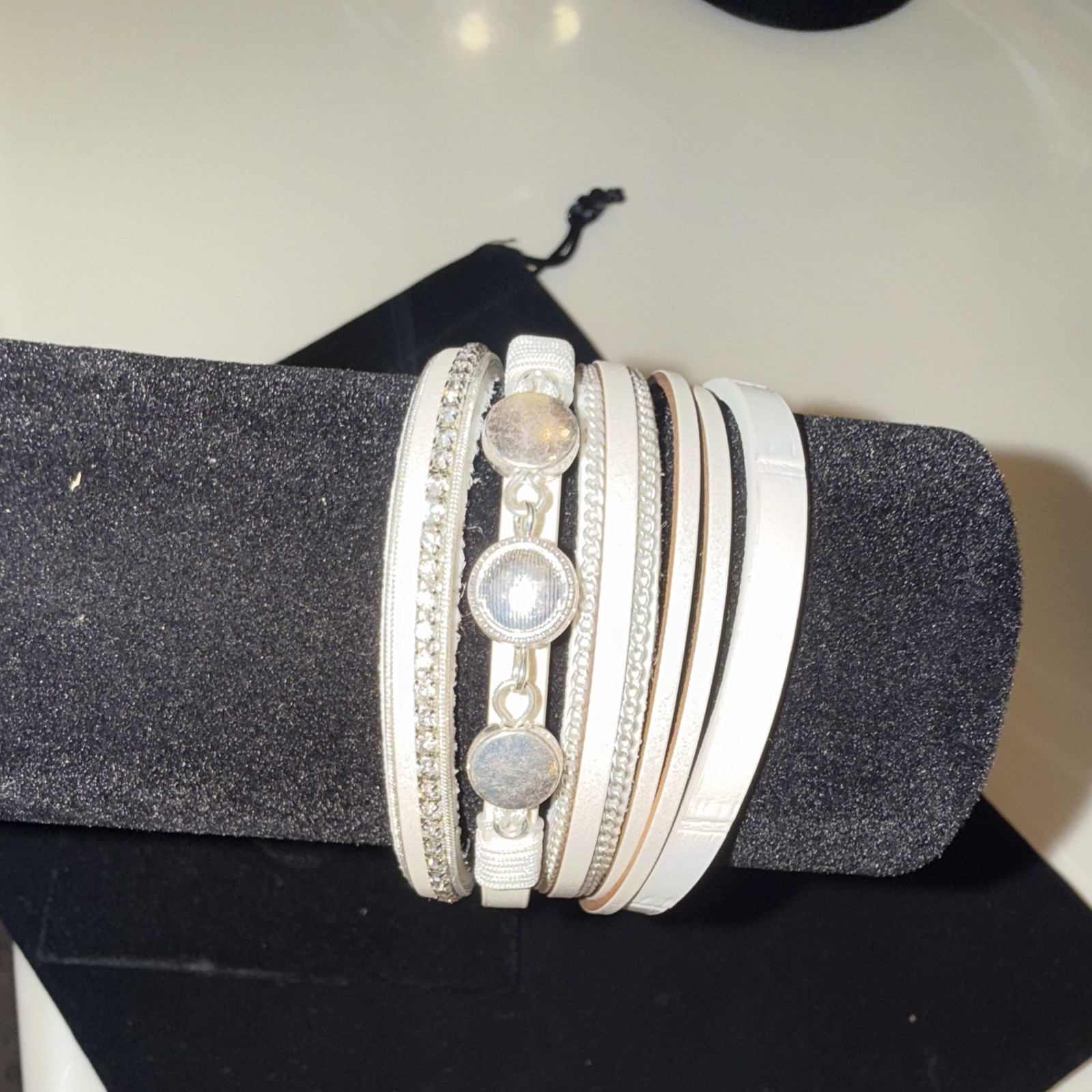White Faux Leather Multi-Strand Wrap Cuff Bracelet, Clear Crystal, Magnetic