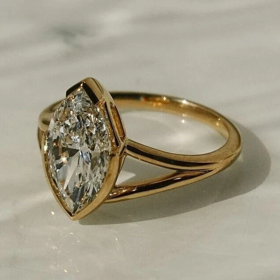 1.40Ct Marquise Cut White Moissanite Women’s Wedding Ring 14k Yellow Gold Plated