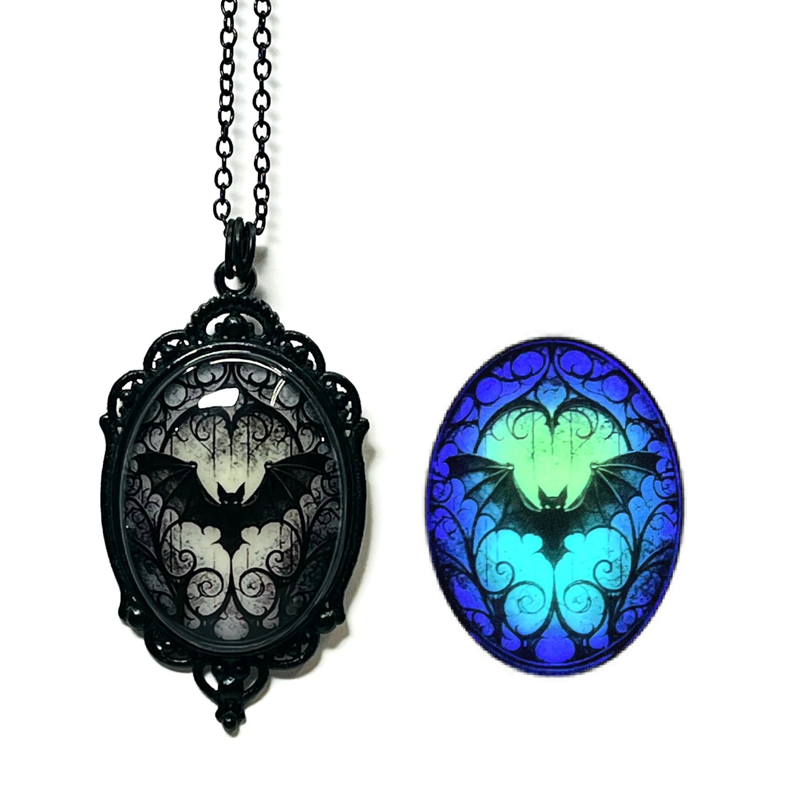 Bat Stained Glass Effect Lime Aqua Blue Purple/Violet Glow in the Dark Necklace