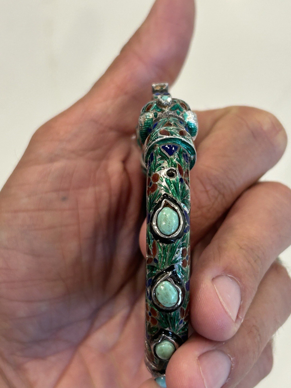 Vintage Indian Meenakari Sterling Enameled Elephant Head Bangle Turquoise AS IS