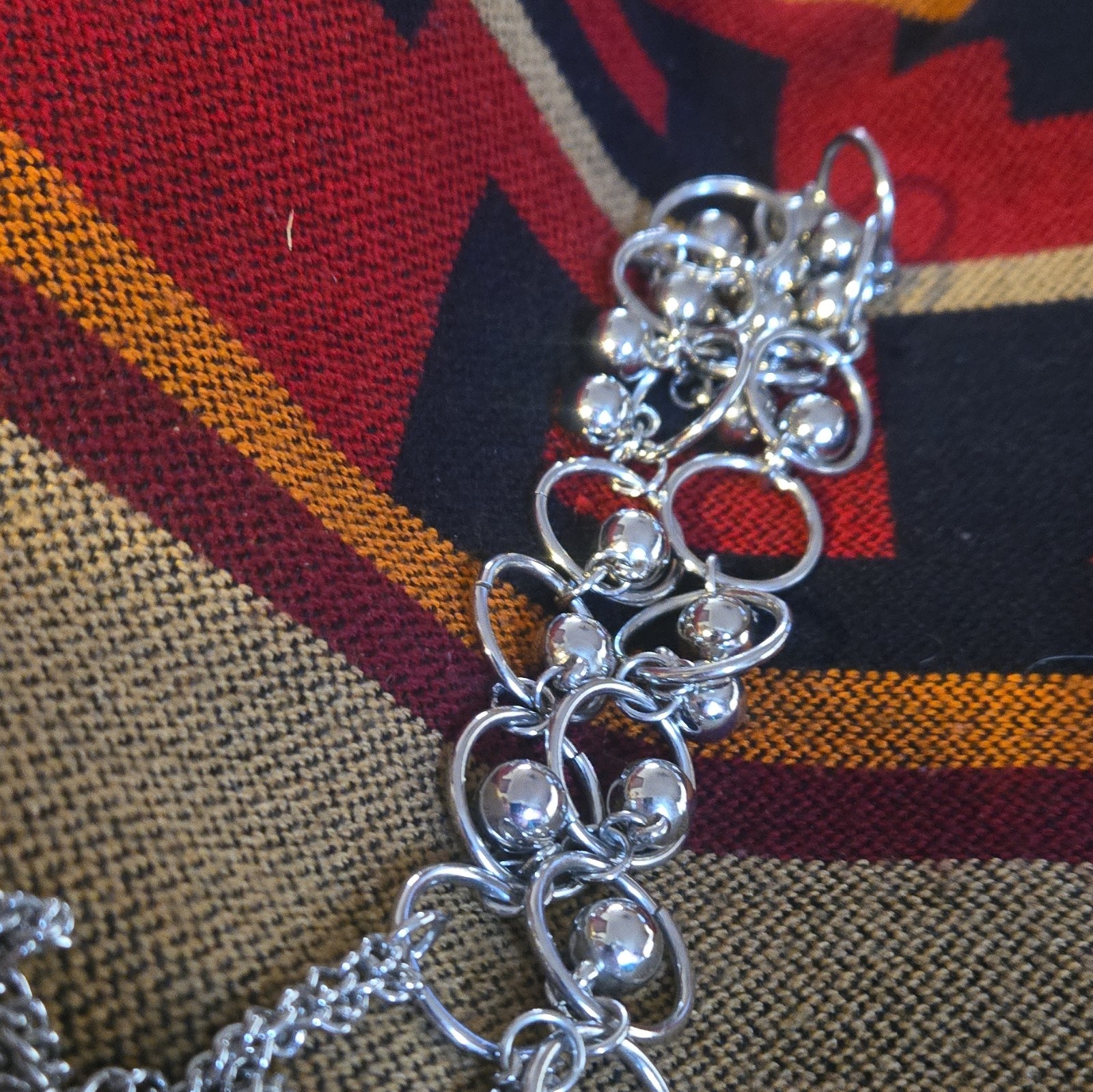 Silver Tone Metal Rope Chain Statement Necklace Circle Links & Ball Bead Dangles