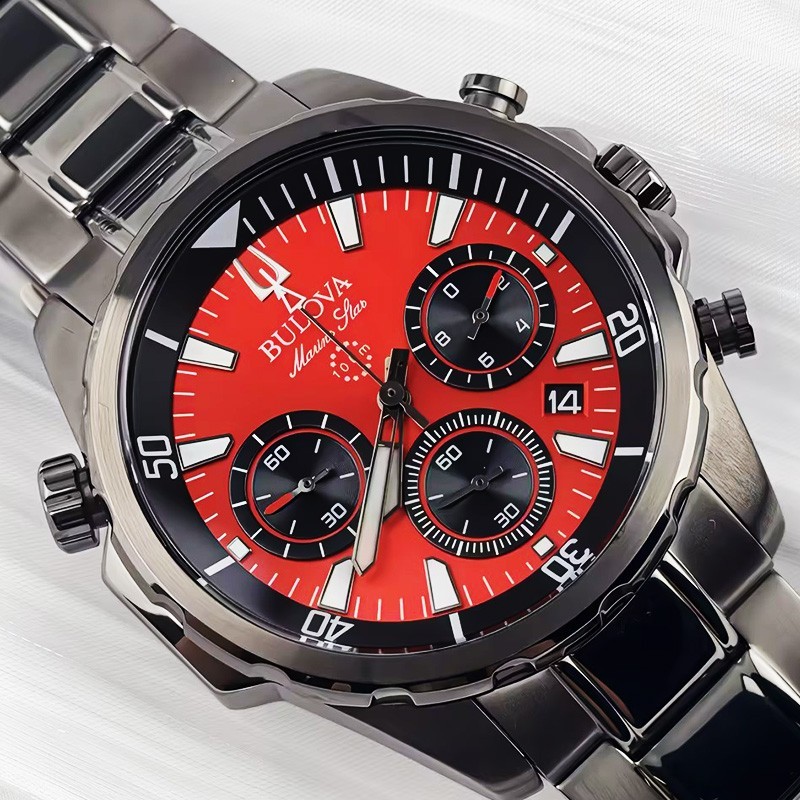 Bulova Marine Star 98B350 Men’s Chronograph Quartz Watch Red Dial Stainless 43mm