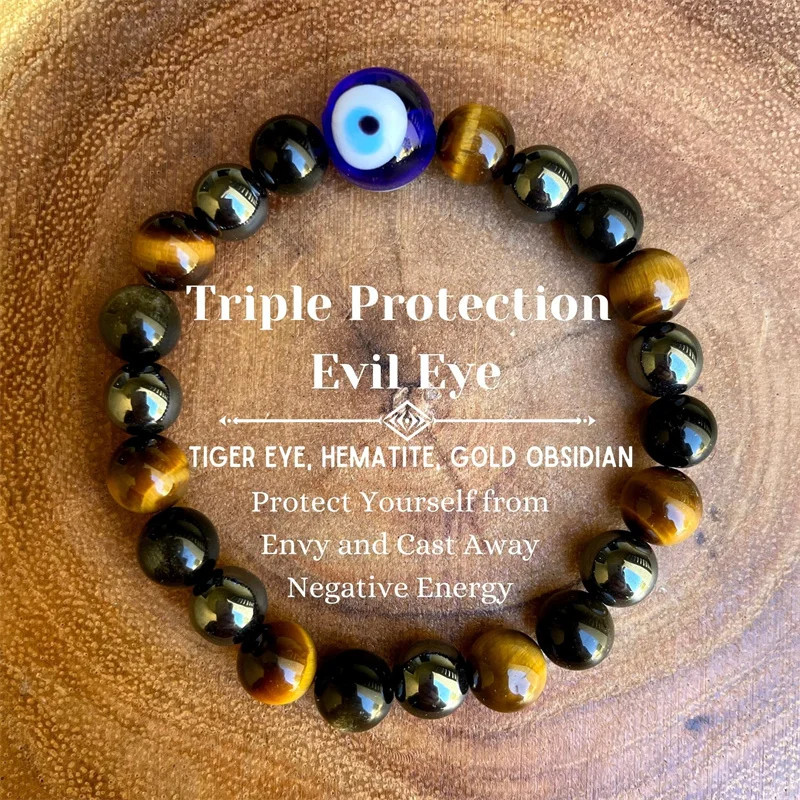 Protection Bracelet,Blue Tigers Eye Black Bile Obsidian Evil Eye Beaded Bracelet