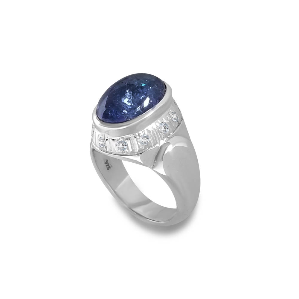 7.71 ctw Natural Tanzanite Cabochon & Diamond Oval cut Sterling Silver Ring