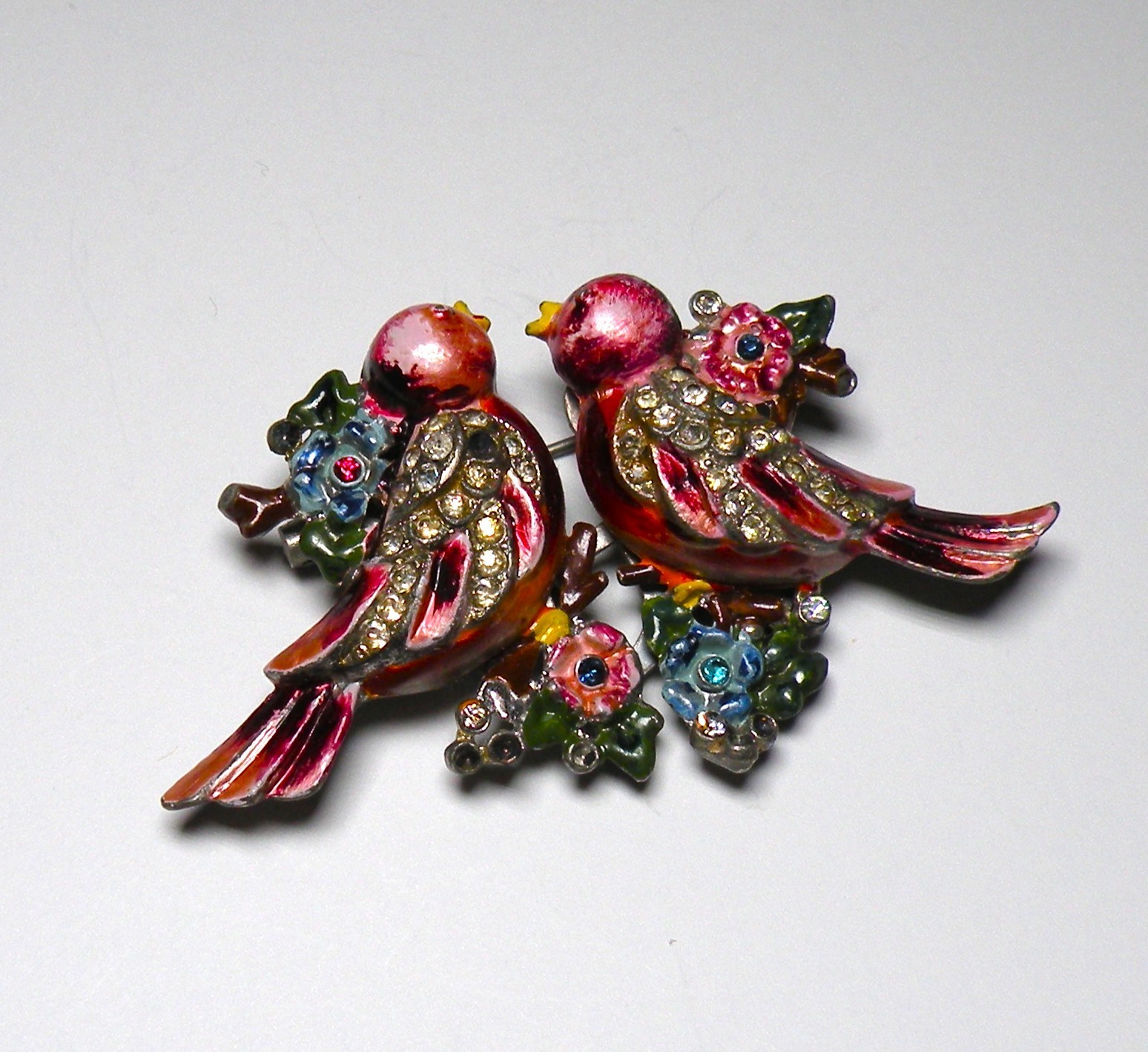 VINTAGE 1940S CORO DUETTE LOVE BIRDS ART DECO CLIPS RHINESTONE PIN BROOCH CRAFT