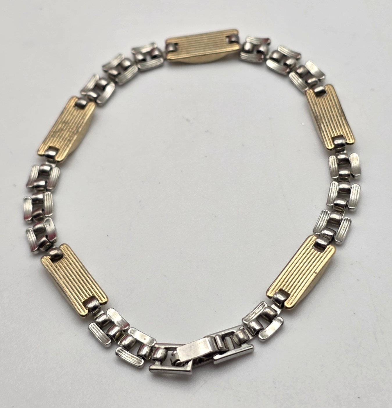 Two Tone Gold Silver Tone Bar Link Bracelet 7.25 In Hidden Fold Over Clasp