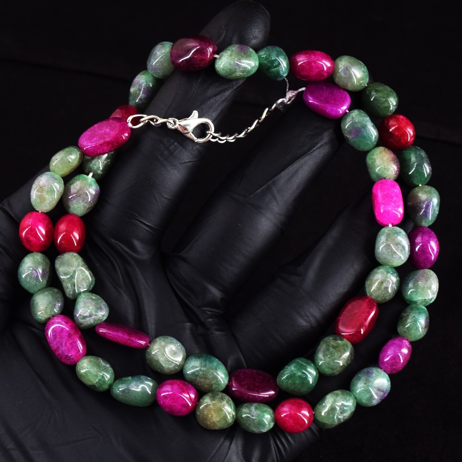 218.00 Cts Single Strand Aventurine & Onyx Top Grade Beaded Necklace RK 46 E781