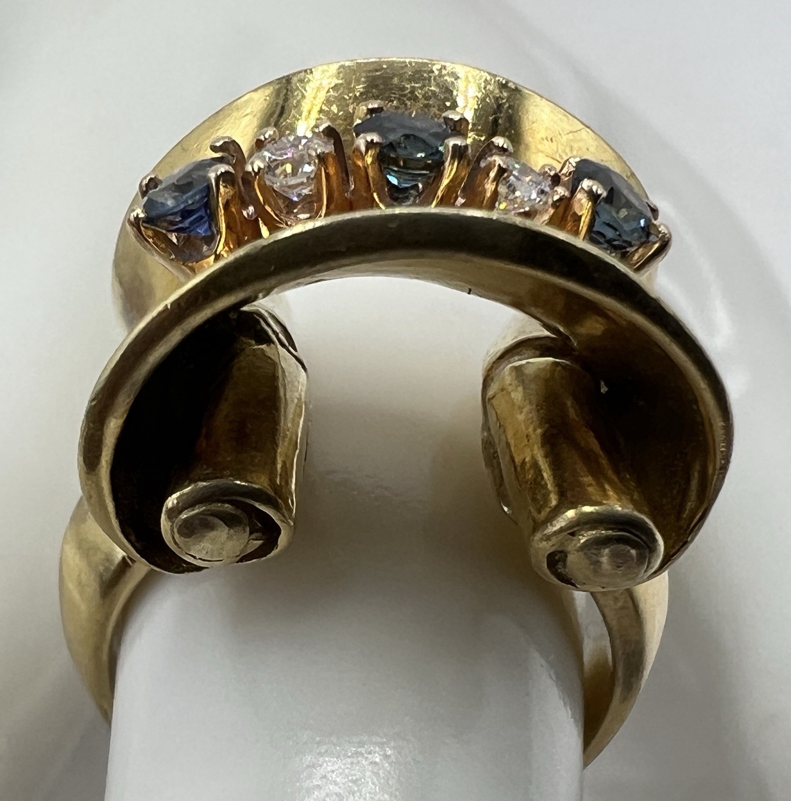 Unusual 18K Solid Yellow Gold Custom Designed Diamond & Sapphire Ring 10.7 Grams