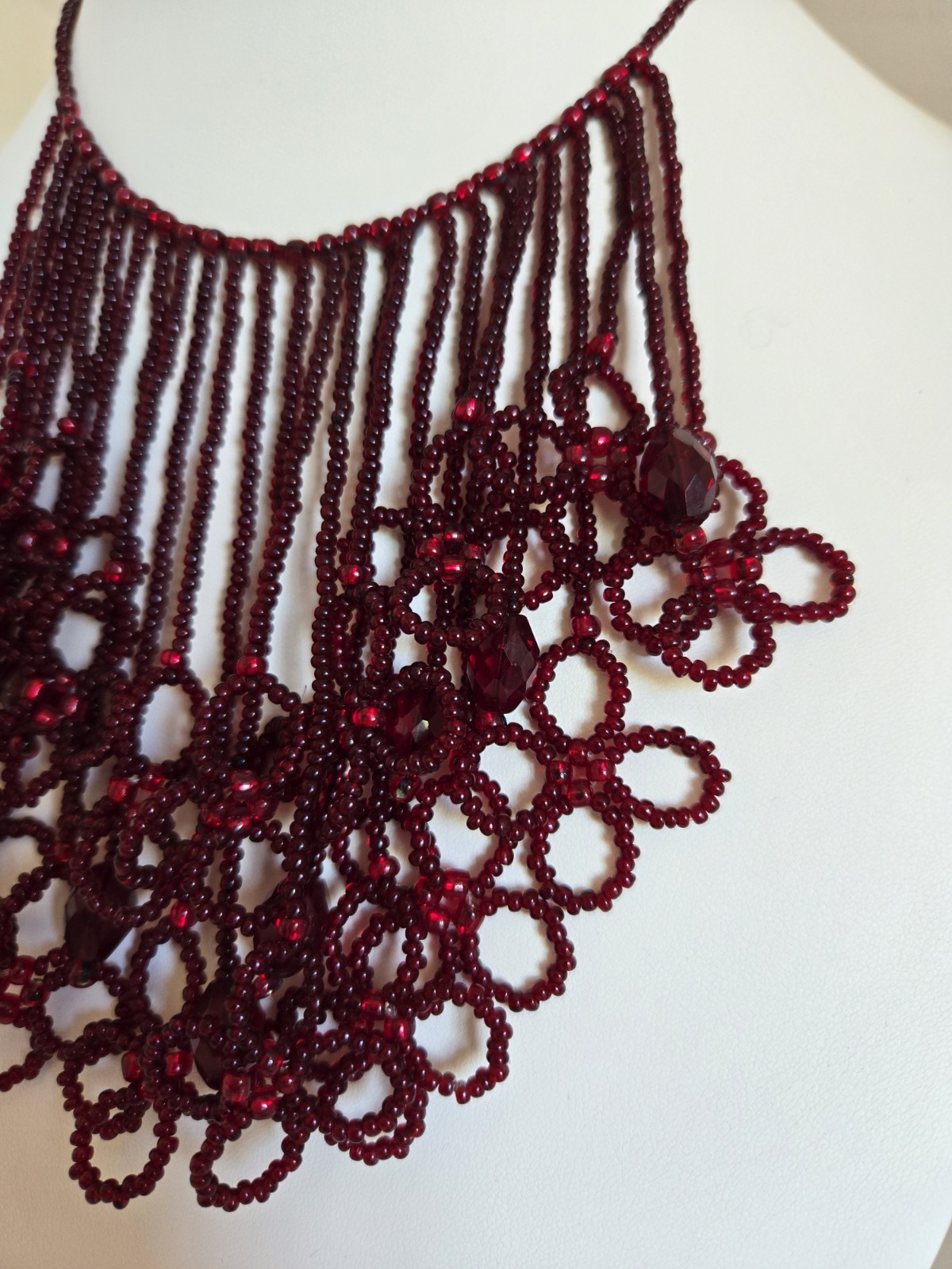 Artisan Hand Beaded Red Seed Bead Waterfall Fringe Flowers Statement Necklace