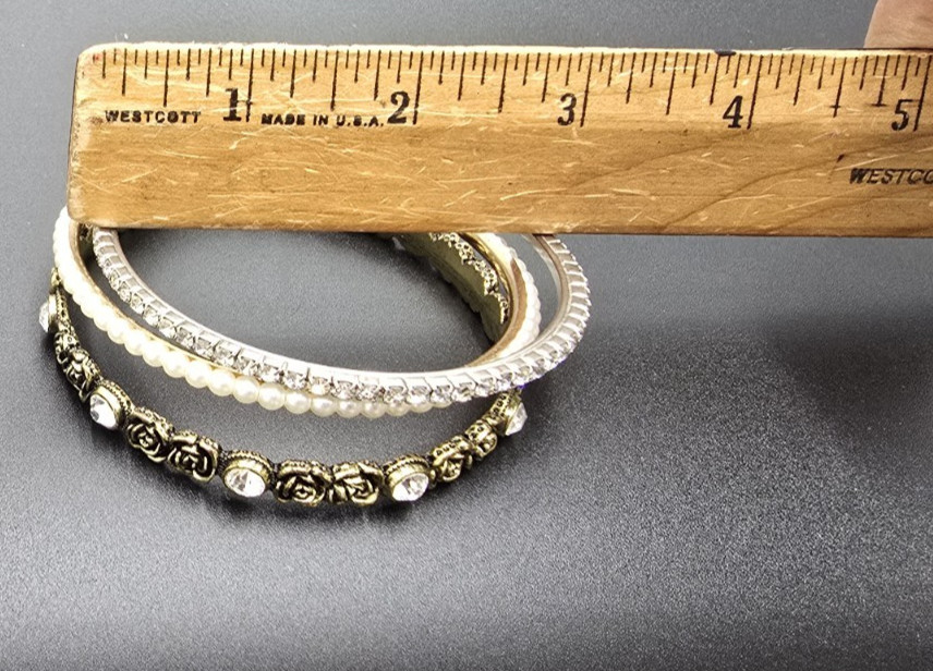 3 pc Mixed Brasstone White Bead Bracelet SET (B4) FLOWERS AND ELEGANCE