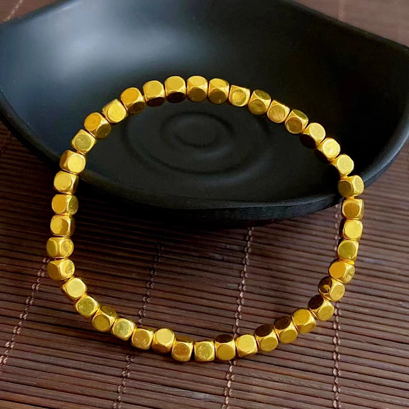 Pure 999 24K Yellow Gold Men Women Lucky 3D 4mm Square Beads Bracelet
