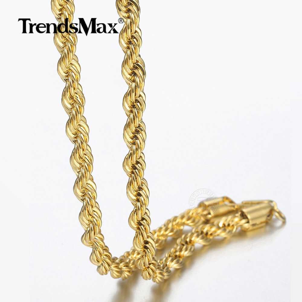 3-7MM Gold Plated Stainless Steel Diamond Cut Twisted Rope Chain Necklace 16-32″