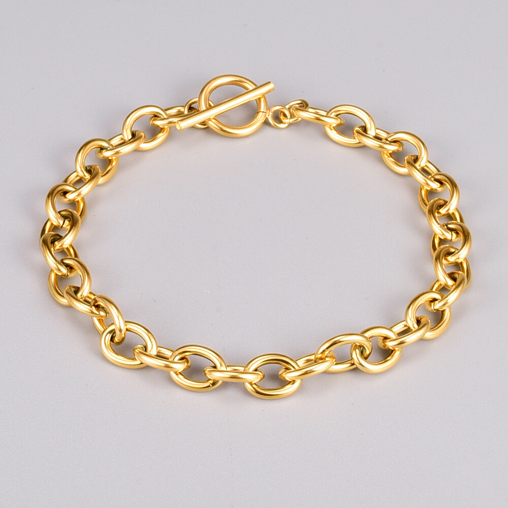 Woman 18K Gold Plated Stainless Steel Rolo Link Chain Bracelet 8.3” Toggle