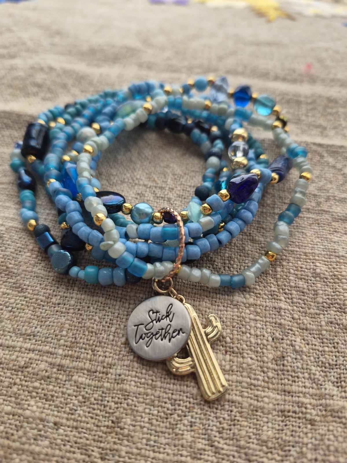 Blue Multi-Strand Beaded Wrap Charm Bracelet “Stick Together” Dangle, Stackable