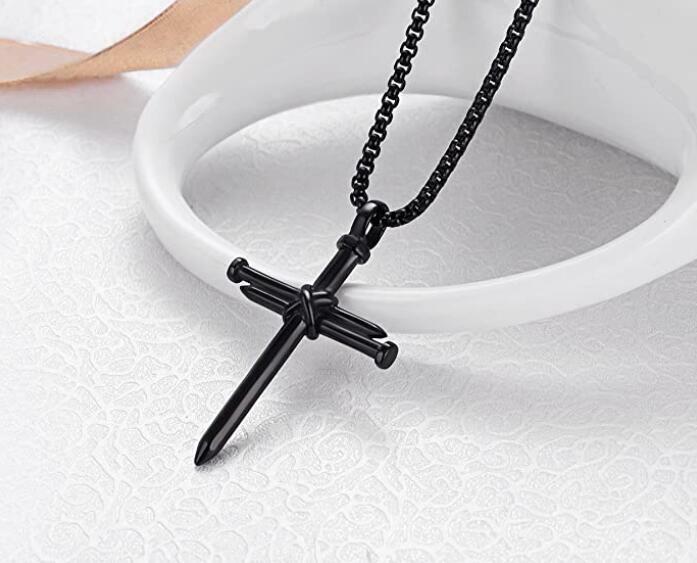 Black Stainless Steel Nail Cross Pendant Necklace For Men Boy 3mm 24” Box Chain