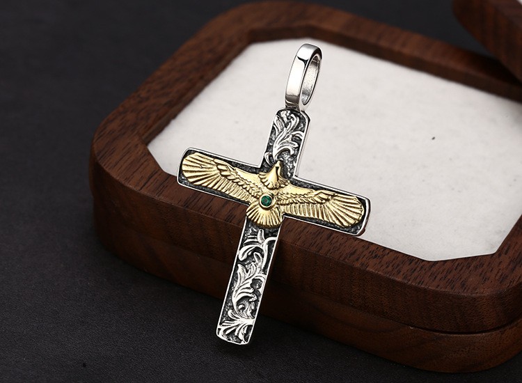 Majestic Eagle Cross Pendant Two-Tone S925 Silver Baroque Freedom Amulet for Men