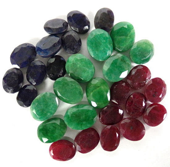 290 Ct+ 30 Pcs Natural Red Ruby Green Emerald Blue Sapphire All Oval Loose Gems