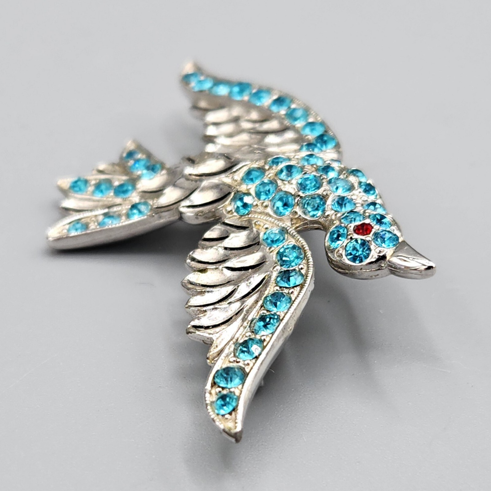 Vintage Retro Ora Signed Figural Blue Rhinestone Rhodium Plate Bird Brooch