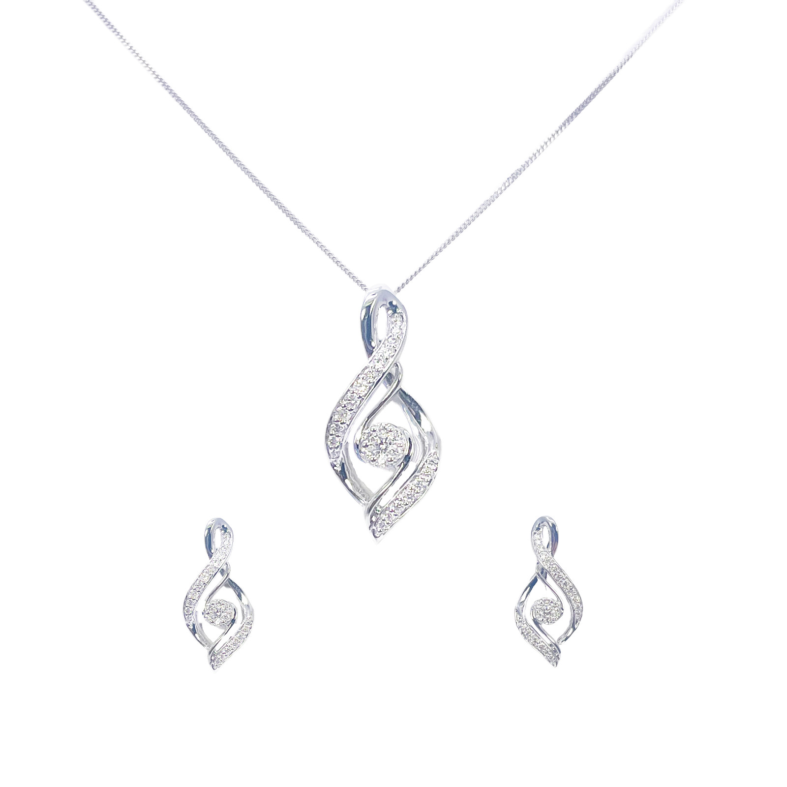 18ct White Gold Natural Diamond Twisted Pendant Chain & Earrings Set 0.55ct