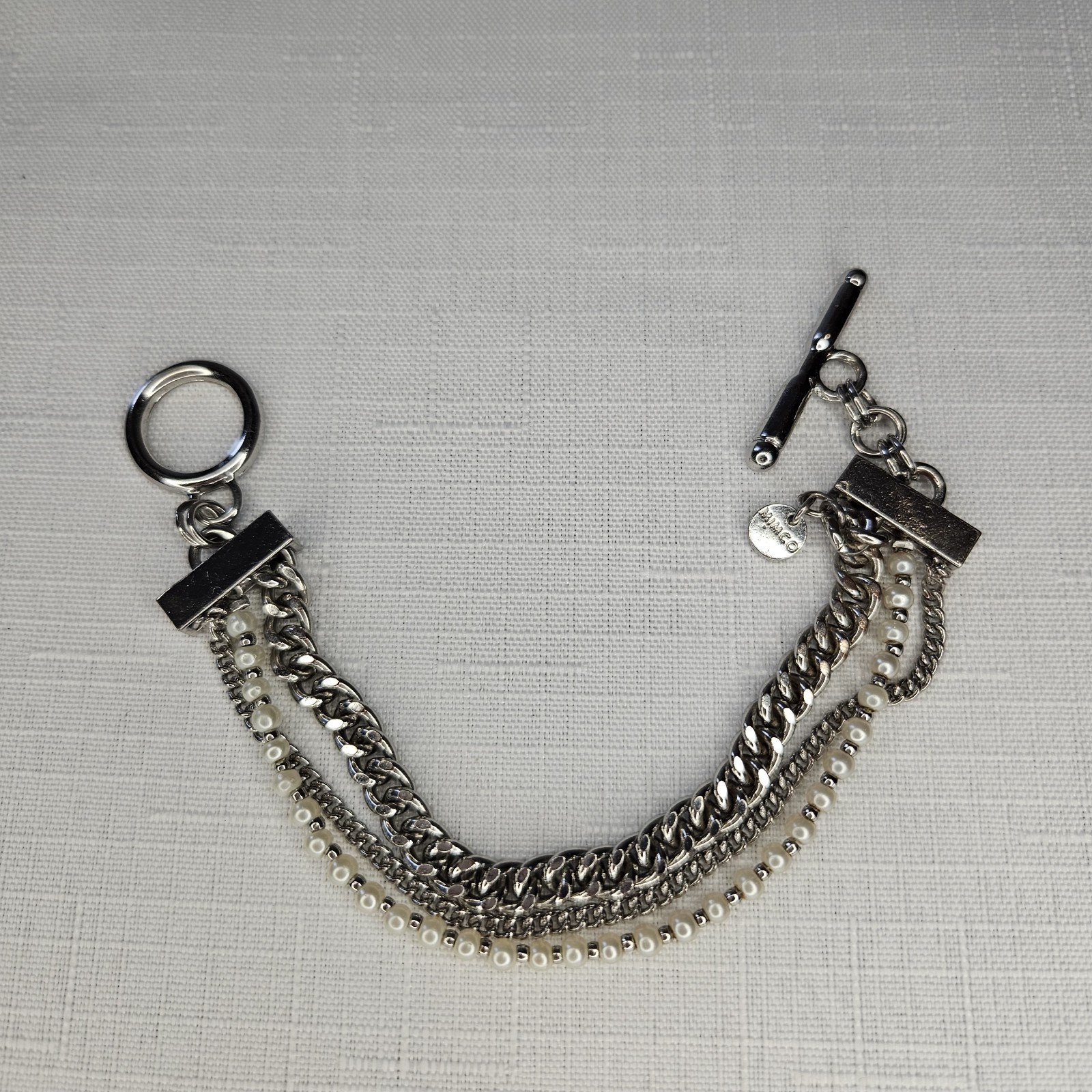 Mimco Signed Silver-Tone Multi-Strand Curb Link Faux Pearl Toggle Bracelet