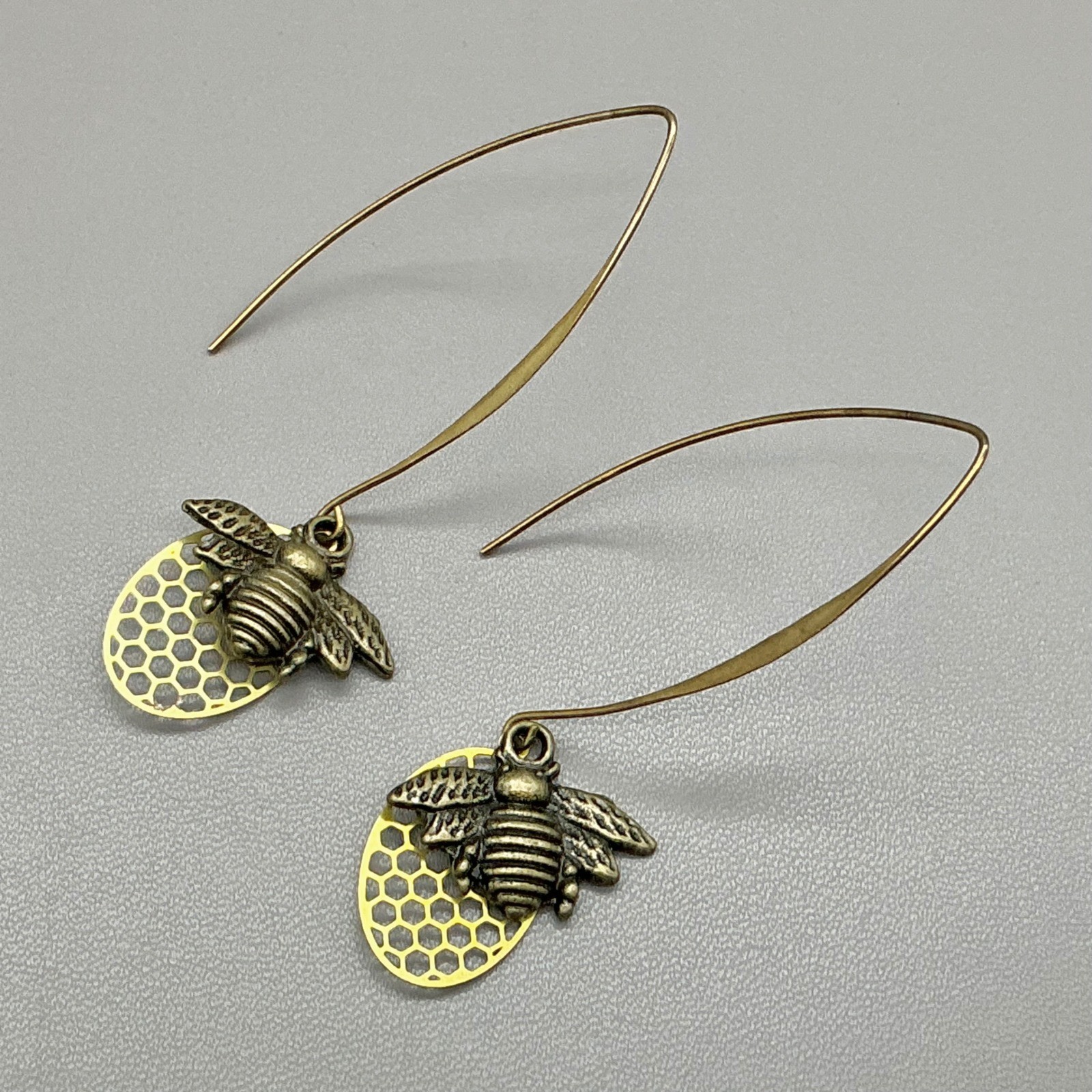 Earrings Women Gold Honey Bee Honeycomb Long Kidney Wire Dangle Drop 2.25 Inch