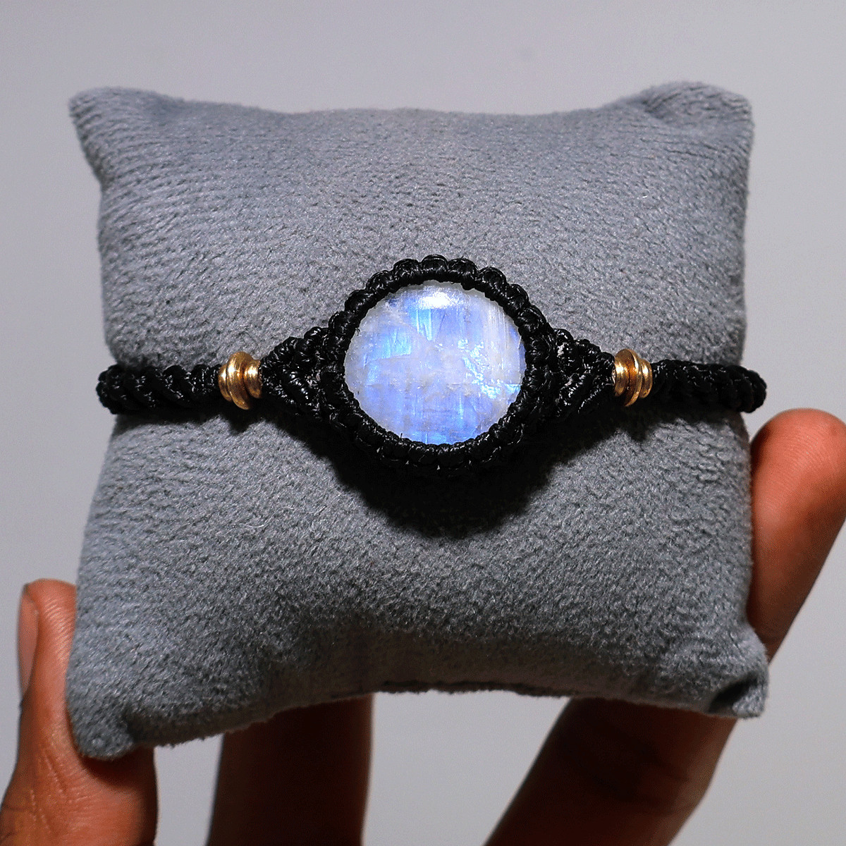 Blue Fire Rainbow Moonstone Macramé Bracelet – Handmade Lunar Glow Wrist Jewelry