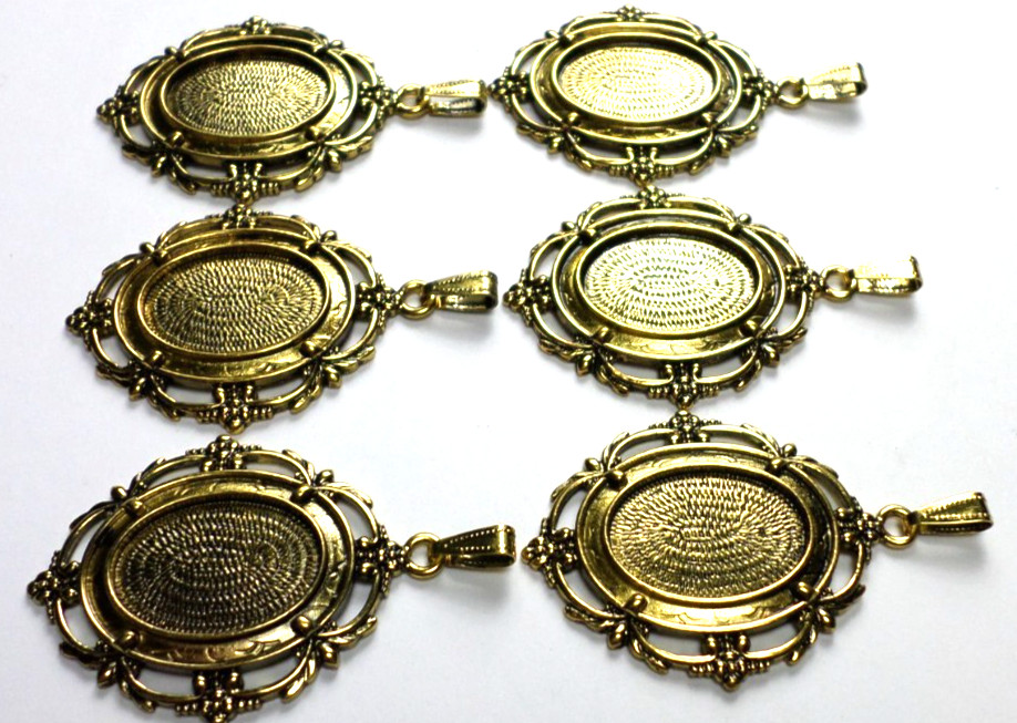 6 of 25x18mm Antique Gold Victorian Nouveau Cabochon Pendant Settings 54x40mm
